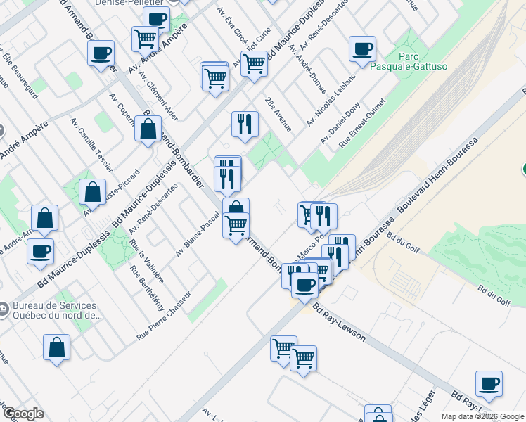 map of restaurants, bars, coffee shops, grocery stores, and more near 11440 Boulevard Armand Bombardier in Montreal