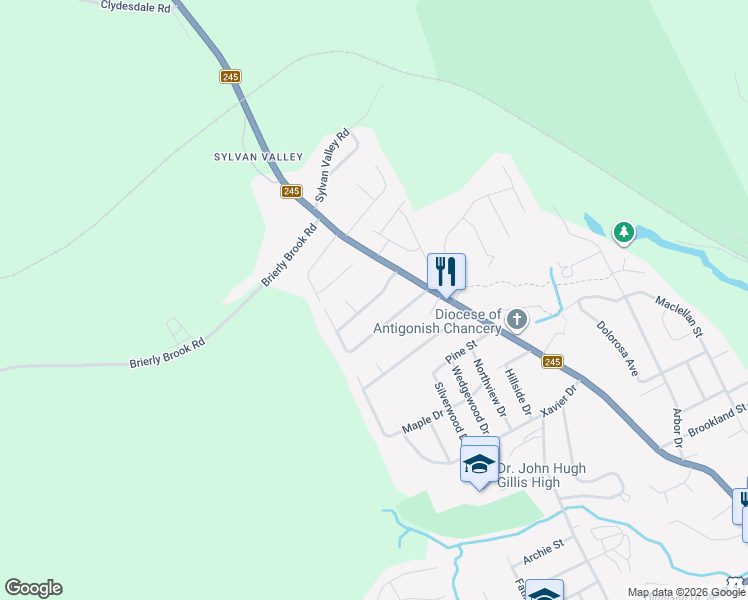map of restaurants, bars, coffee shops, grocery stores, and more near 11 Centennial Drive in Antigonish