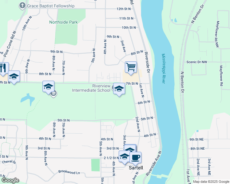 map of restaurants, bars, coffee shops, grocery stores, and more near 627 3rd Avenue North in Sartell