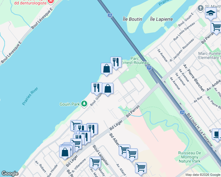 map of restaurants, bars, coffee shops, grocery stores, and more near 7020 Boulevard Gouin Est in Montreal