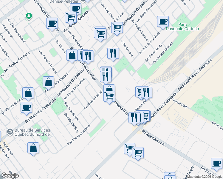 map of restaurants, bars, coffee shops, grocery stores, and more near 8000 Avenue Blaise-Pascal in Montréal