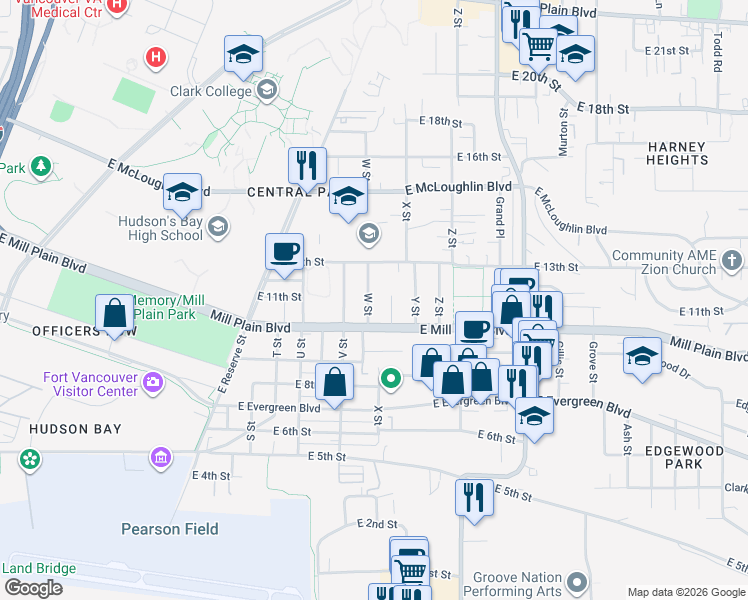 map of restaurants, bars, coffee shops, grocery stores, and more near 2210 East Mill Plain Boulevard in Vancouver