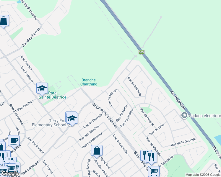 map of restaurants, bars, coffee shops, grocery stores, and more near 1670 Avenue des Lacasse in Laval