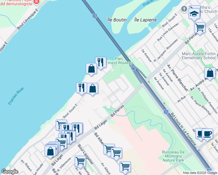 map of restaurants, bars, coffee shops, grocery stores, and more near 12660 Avenue Ozias Leduc in Montreal