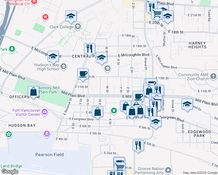 map of restaurants, bars, coffee shops, grocery stores, and more near 2210 East Mill Plain Boulevard in Vancouver