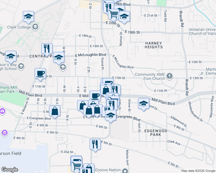 map of restaurants, bars, coffee shops, grocery stores, and more near 1000 Grand Boulevard in Vancouver