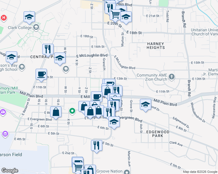map of restaurants, bars, coffee shops, grocery stores, and more near 1000 Grand Boulevard in Vancouver
