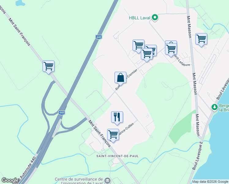 map of restaurants, bars, coffee shops, grocery stores, and more near 5850 Rue Maurice-Cullen in Laval