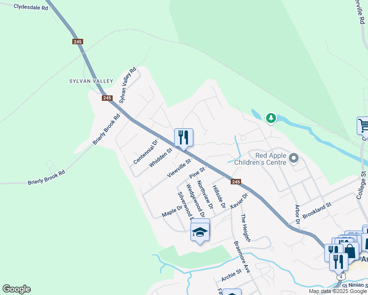 map of restaurants, bars, coffee shops, grocery stores, and more near 210 Hawthorne Street in Antigonish