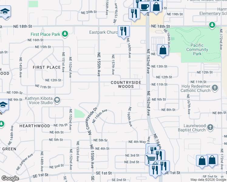 map of restaurants, bars, coffee shops, grocery stores, and more near 15619 Northeast 12th Street in Vancouver