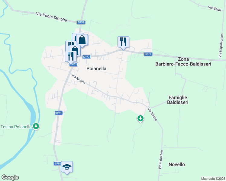 map of restaurants, bars, coffee shops, grocery stores, and more near 58 Via Caffo in Poianella