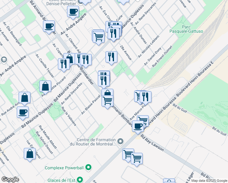 map of restaurants, bars, coffee shops, grocery stores, and more near 8000 Avenue Blaise-Pascal in Montréal