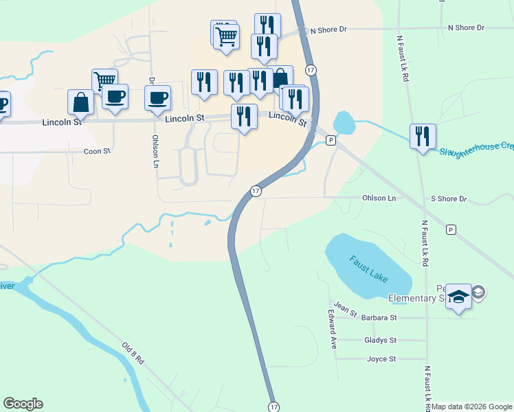 map of restaurants, bars, coffee shops, grocery stores, and more near 3398 Lumber Lane in Rhinelander