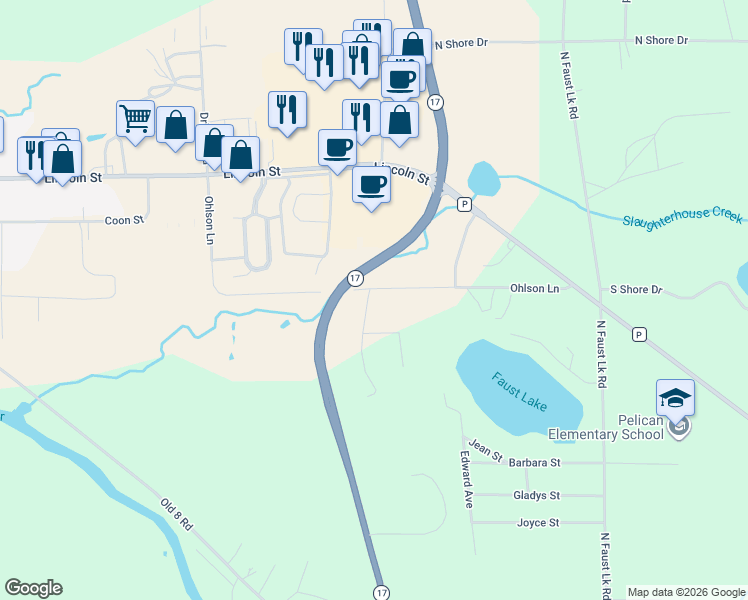 map of restaurants, bars, coffee shops, grocery stores, and more near 3398 Lumber Lane in Rhinelander