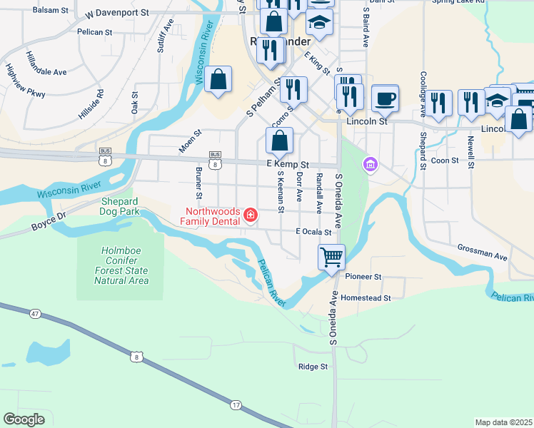 map of restaurants, bars, coffee shops, grocery stores, and more near 818 Margaret Street in Rhinelander