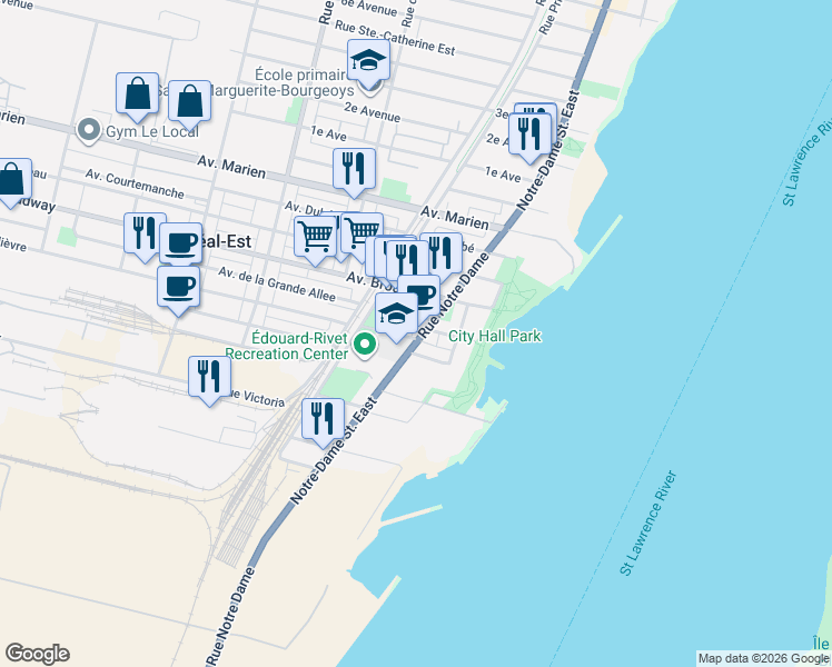 map of restaurants, bars, coffee shops, grocery stores, and more near 11201 Rue Notre-Dame Est in Montréal-Est