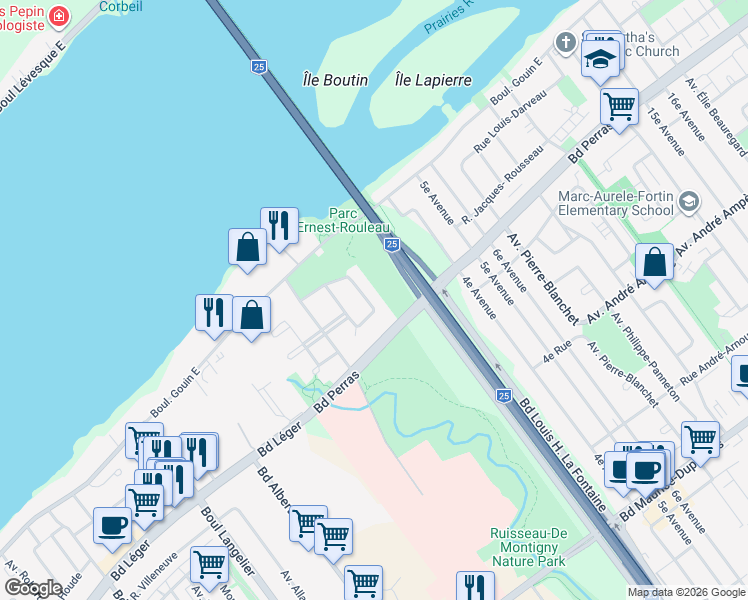 map of restaurants, bars, coffee shops, grocery stores, and more near 12585 Rue Gertrude-Gendreau in Montréal
