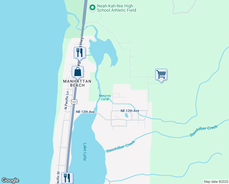 map of restaurants, bars, coffee shops, grocery stores, and more near 1438 Northeast Lake Boulevard in Rockaway Beach