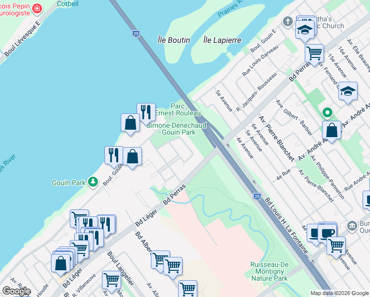map of restaurants, bars, coffee shops, grocery stores, and more near 12594 Rue Gertrude-Gendreau in Montréal