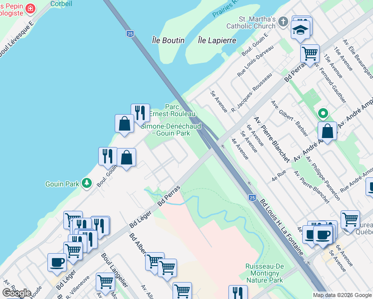 map of restaurants, bars, coffee shops, grocery stores, and more near 12585 Rue Gertrude-Gendreau in Montréal