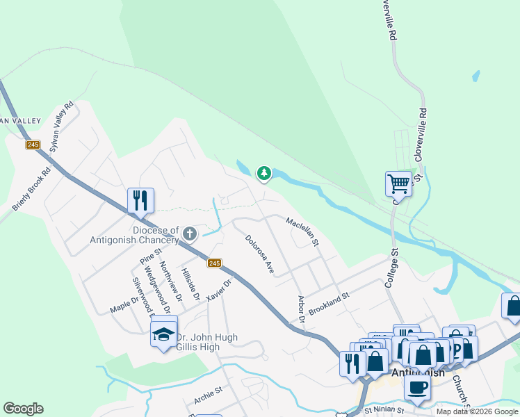 map of restaurants, bars, coffee shops, grocery stores, and more near Arbor Drive Extension in Antigonish