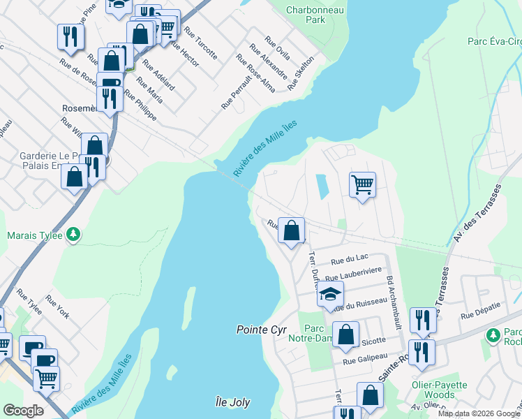 map of restaurants, bars, coffee shops, grocery stores, and more near 14 Rue Sénécal in Laval