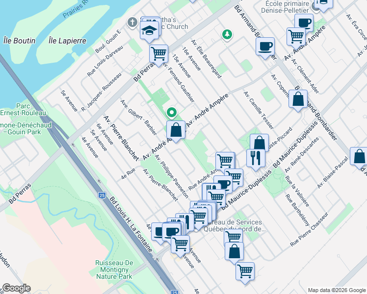 map of restaurants, bars, coffee shops, grocery stores, and more near 12249 Rue Adrien-Hébert in Montréal