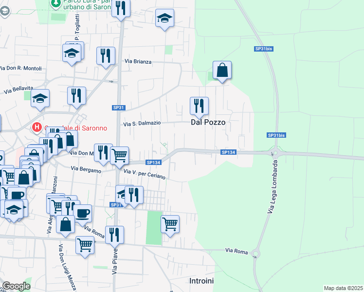map of restaurants, bars, coffee shops, grocery stores, and more near 170 Via Bergamo in Saronno