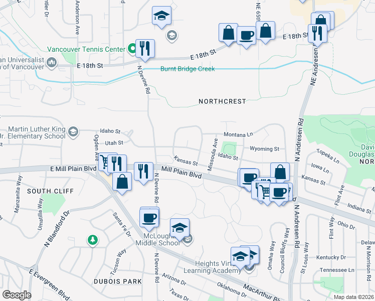 map of restaurants, bars, coffee shops, grocery stores, and more near 1200 Nampa Court in Vancouver
