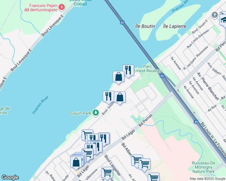 map of restaurants, bars, coffee shops, grocery stores, and more near 6995 Boulevard Gouin Est in Montréal