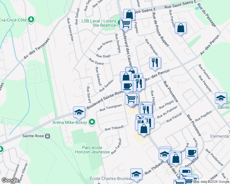 map of restaurants, bars, coffee shops, grocery stores, and more near 222 Boulevard Sainte-Rose Est in Laval