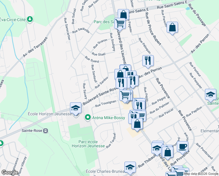 map of restaurants, bars, coffee shops, grocery stores, and more near 222 Boulevard Sainte-Rose Est in Laval