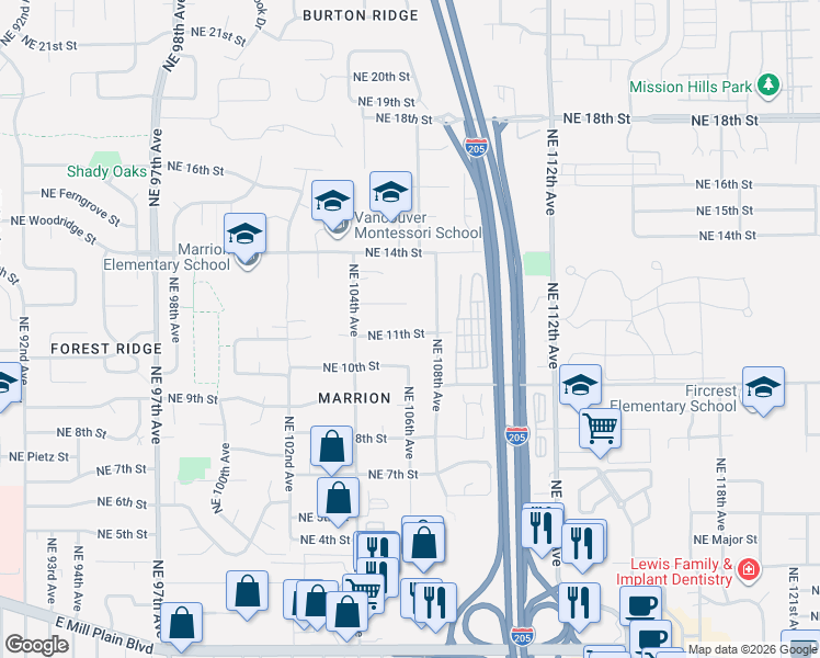 map of restaurants, bars, coffee shops, grocery stores, and more near 10610 Northeast 11th Street in Vancouver