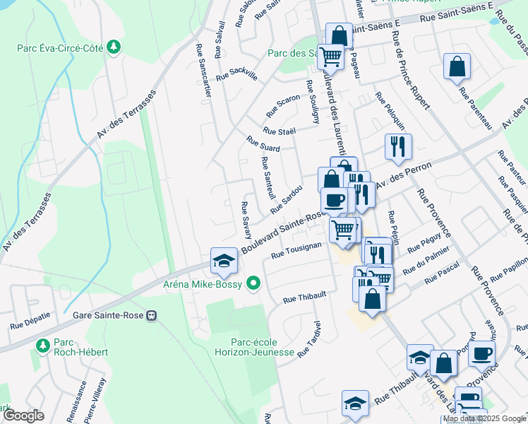 map of restaurants, bars, coffee shops, grocery stores, and more near 105 Rue Simoneau in Laval