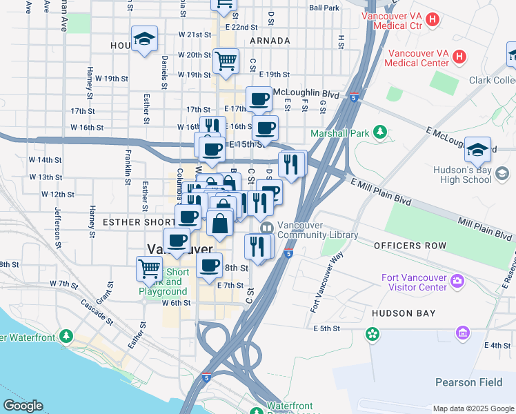 map of restaurants, bars, coffee shops, grocery stores, and more near 400 East Evergreen Boulevard in Vancouver