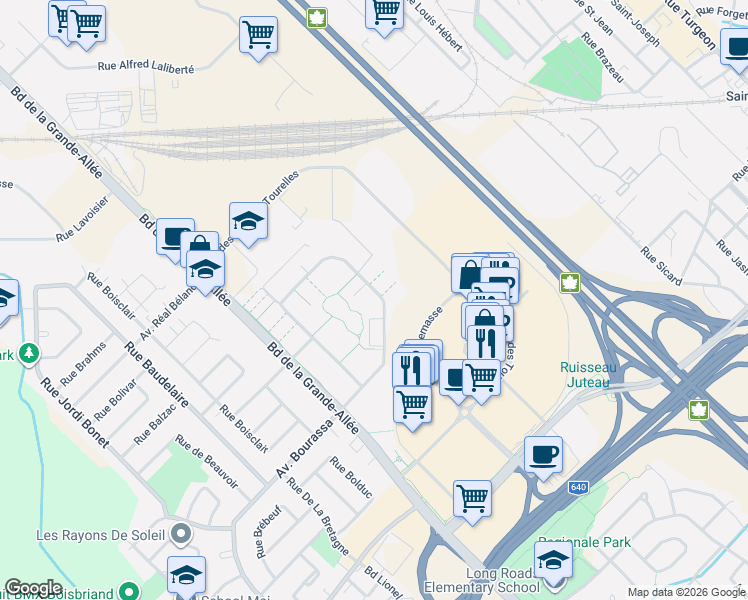 map of restaurants, bars, coffee shops, grocery stores, and more near 1255 Rue des Francs-Bourgeois in Boisbriand