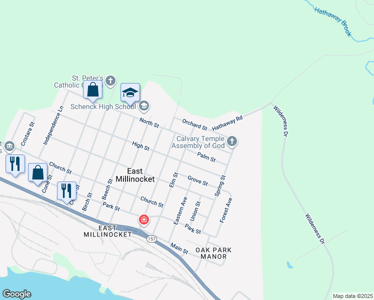 map of restaurants, bars, coffee shops, grocery stores, and more near 37 Elm Street in East Millinocket