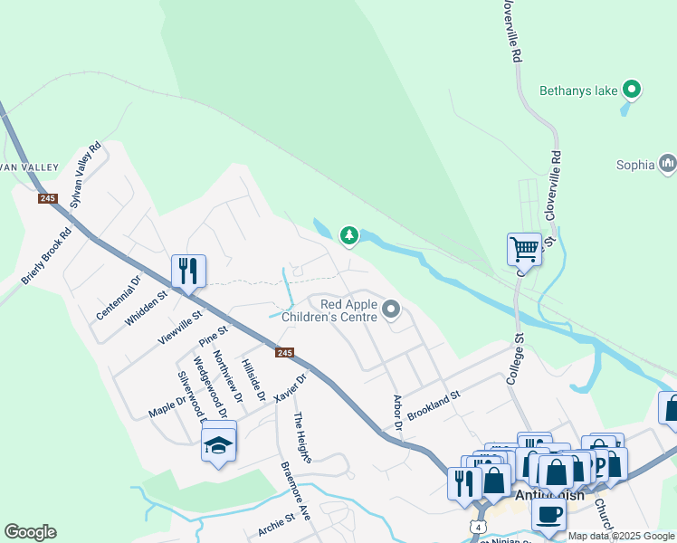 map of restaurants, bars, coffee shops, grocery stores, and more near 80 Arbor Drive Extension in Antigonish