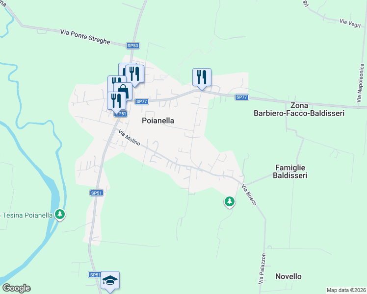map of restaurants, bars, coffee shops, grocery stores, and more near 58 Via Caffo in Poianella