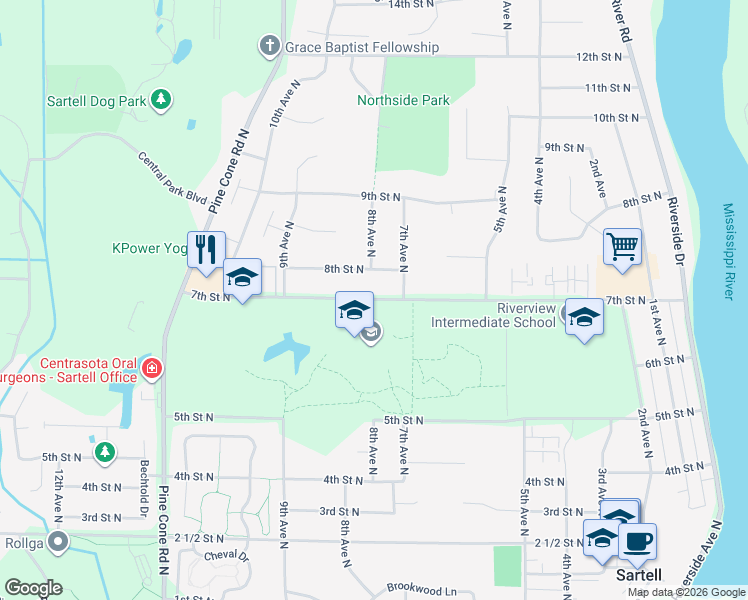 map of restaurants, bars, coffee shops, grocery stores, and more near 748 7th Street North in Sartell