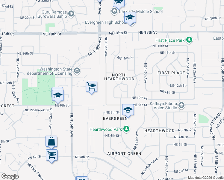 map of restaurants, bars, coffee shops, grocery stores, and more near 1102 Northeast Keyes Road in Vancouver