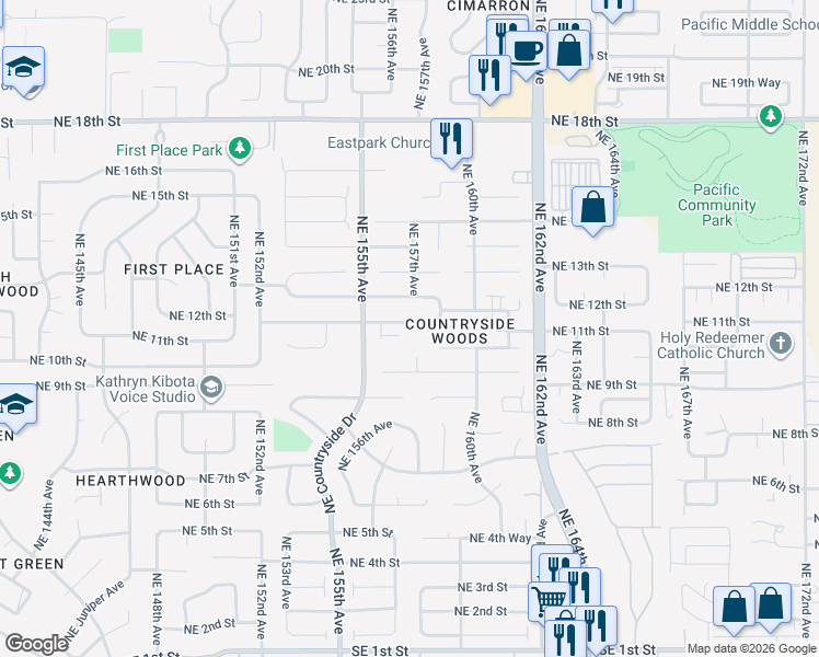 map of restaurants, bars, coffee shops, grocery stores, and more near 15619 Northeast 12th Street in Vancouver