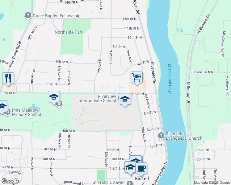 map of restaurants, bars, coffee shops, grocery stores, and more near 321 7th Street North in Sartell