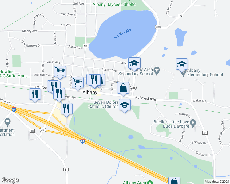 map of restaurants, bars, coffee shops, grocery stores, and more near 201 Railroad Avenue in Albany