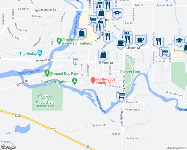 map of restaurants, bars, coffee shops, grocery stores, and more near 818 Margaret Street in Rhinelander