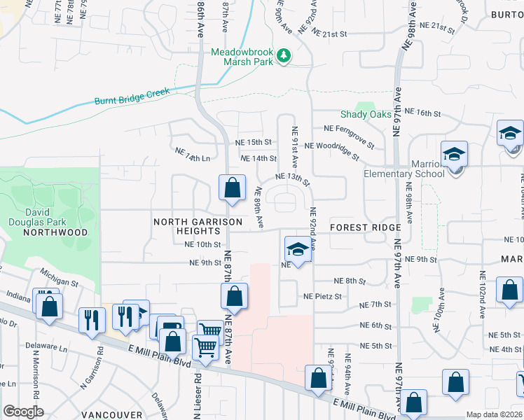 map of restaurants, bars, coffee shops, grocery stores, and more near 1113 Northeast 89th Avenue in Vancouver