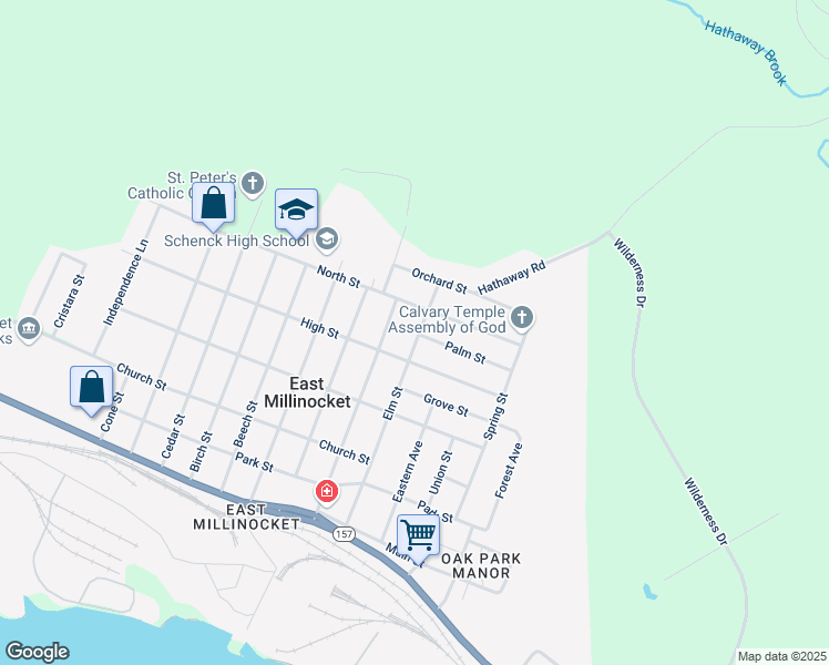 map of restaurants, bars, coffee shops, grocery stores, and more near 37 Elm Street in East Millinocket