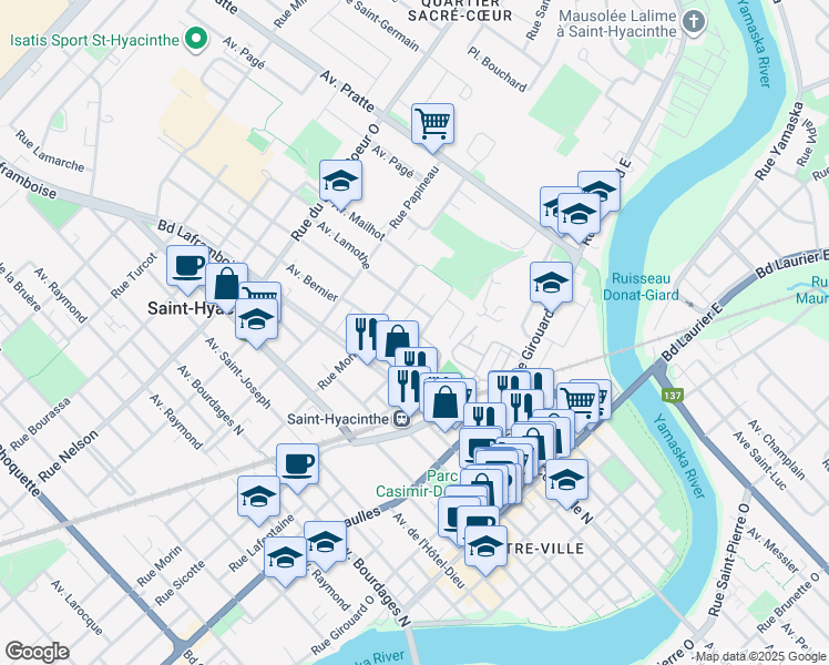 map of restaurants, bars, coffee shops, grocery stores, and more near 1114 Rue Delorme in Saint-Hyacinthe