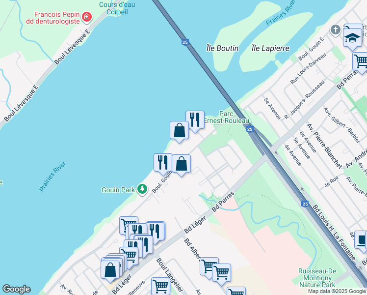 map of restaurants, bars, coffee shops, grocery stores, and more near 7015 Boulevard Gouin Est in Montréal
