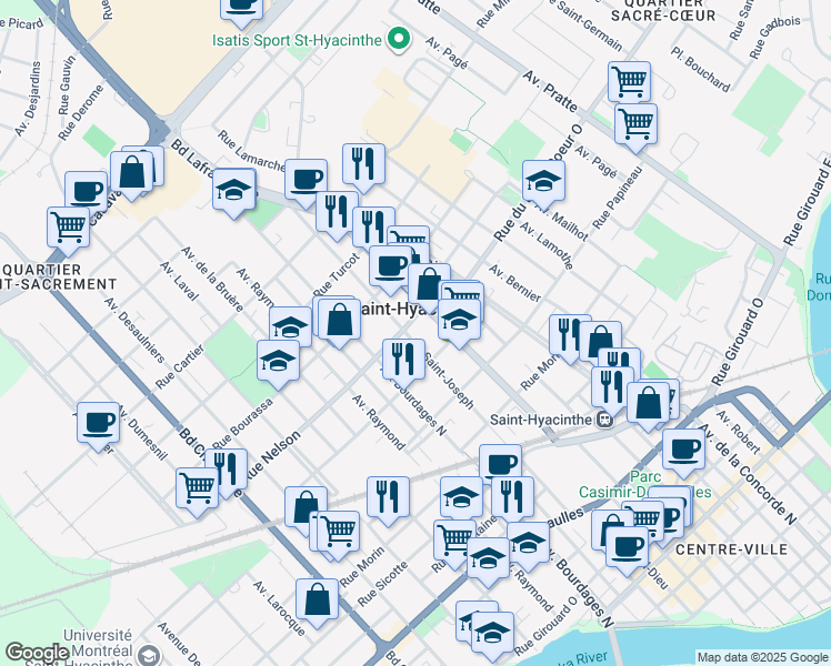 map of restaurants, bars, coffee shops, grocery stores, and more near 2370 Avenue Saint Joseph in Saint-Hyacinthe